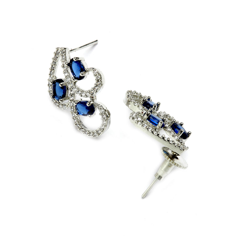 Rhodium-Plated with Silver-Toned Navy Blue and White Cubic Zirconia & American Diamond studded Necklace and Drop Earrings Jewellery Set