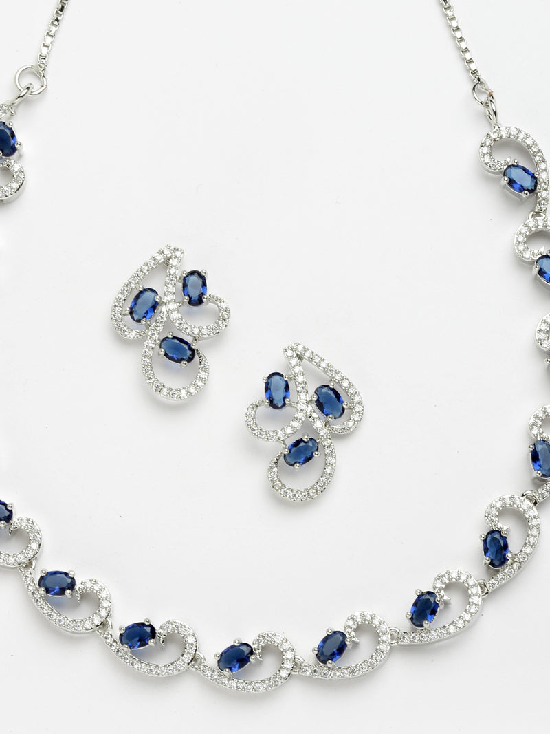 Rhodium-Plated with Silver-Toned Navy Blue and White Cubic Zirconia & American Diamond studded Necklace and Drop Earrings Jewellery Set