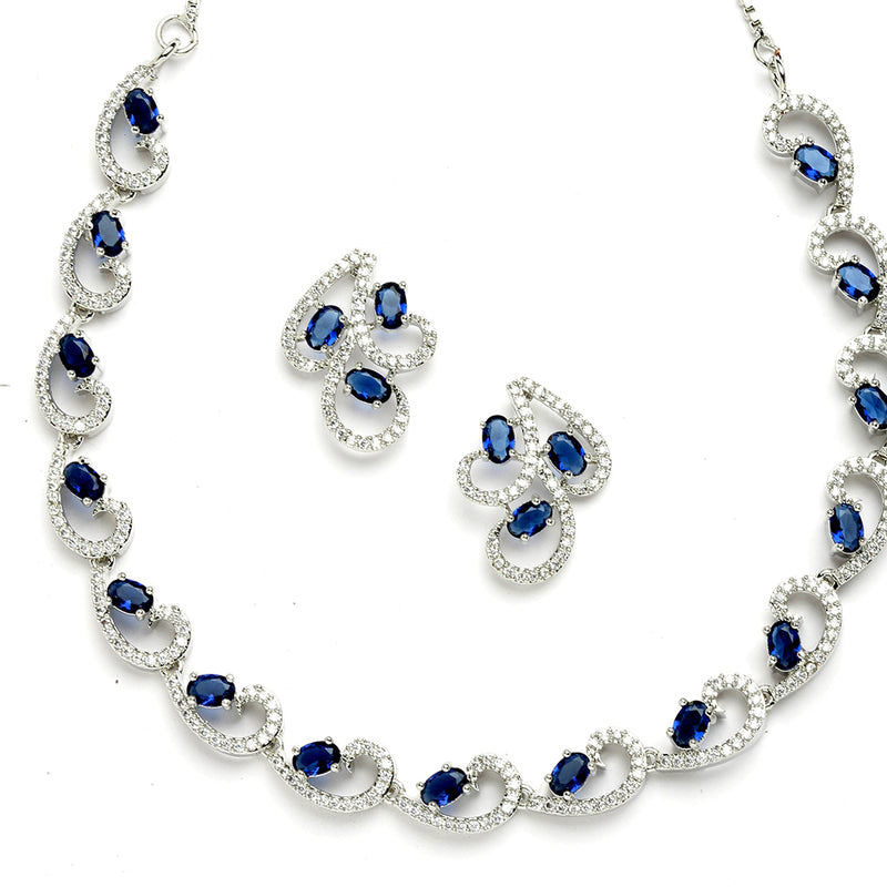 Rhodium-Plated with Silver-Toned Navy Blue and White Cubic Zirconia & American Diamond studded Necklace and Drop Earrings Jewellery Set