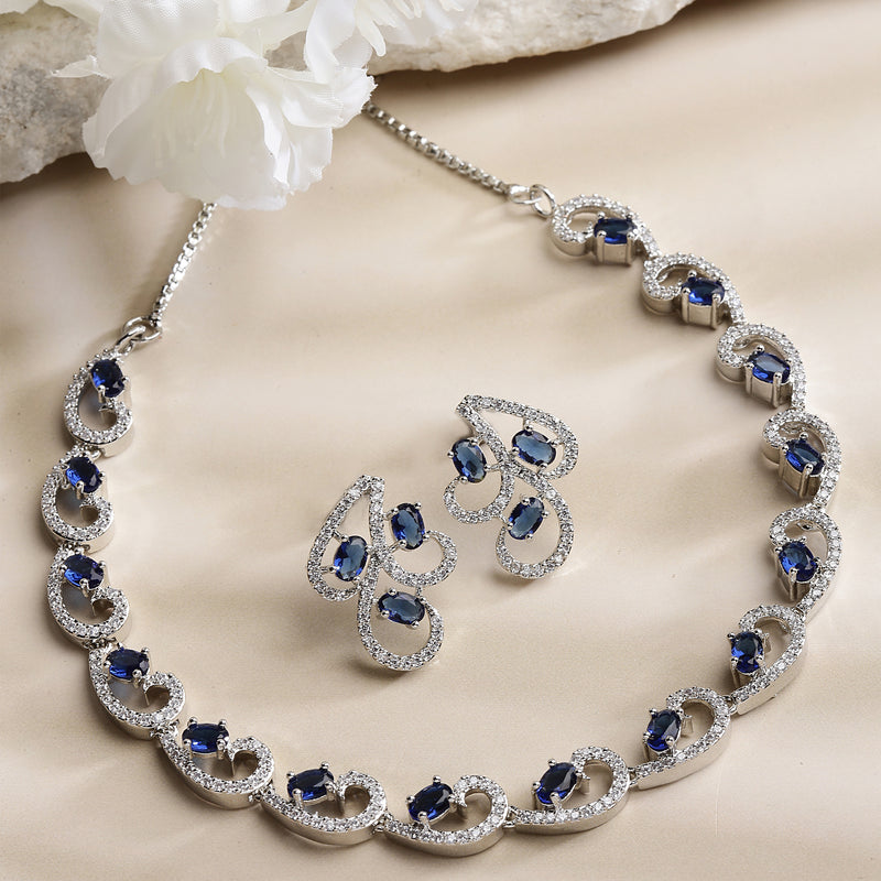 Rhodium-Plated with Silver-Toned Navy Blue and White Cubic Zirconia & American Diamond studded Necklace and Drop Earrings Jewellery Set