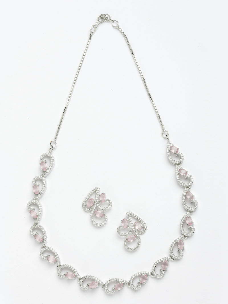 Rhodium-Plated with Silver-Toned Pink and White Cubic Zirconia & American Diamond studded Necklace and Drop Earrings Jewellery Set