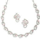 Rhodium-Plated with Silver-Toned Pink and White Cubic Zirconia & American Diamond studded Necklace and Drop Earrings Jewellery Set