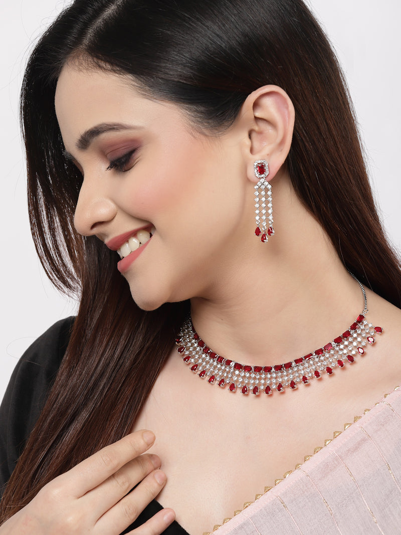 Rhodium-Plated with Silver-Toned Red American Diamond Studded Jewellery Set