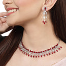 Rhodium-Plated with Silver-Toned Red American Diamond Studded Jewellery Set