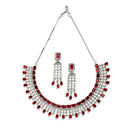 Rhodium-Plated with Silver-Toned Red American Diamond Studded Jewellery Set