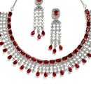Rhodium-Plated with Silver-Toned Red American Diamond Studded Jewellery Set