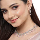 Rhodium-Plated with Silver-Toned Leaf Design Pink and White American Diamond Studded Jewellery Set