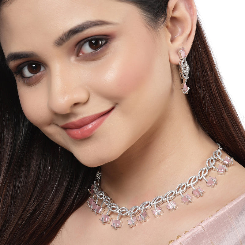 Rhodium-Plated with Silver-Toned Leaf Design Pink and White American Diamond Studded Jewellery Set