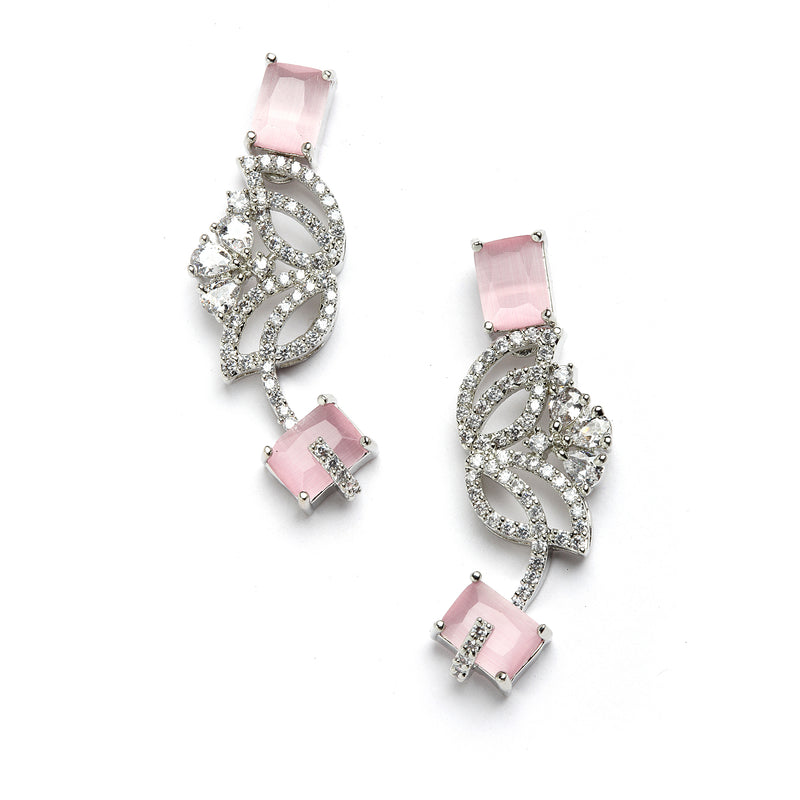 Rhodium-Plated with Silver-Toned Leaf Design Pink and White American Diamond Studded Jewellery Set