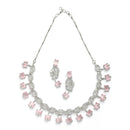 Rhodium-Plated with Silver-Toned Leaf Design Pink and White American Diamond Studded Jewellery Set