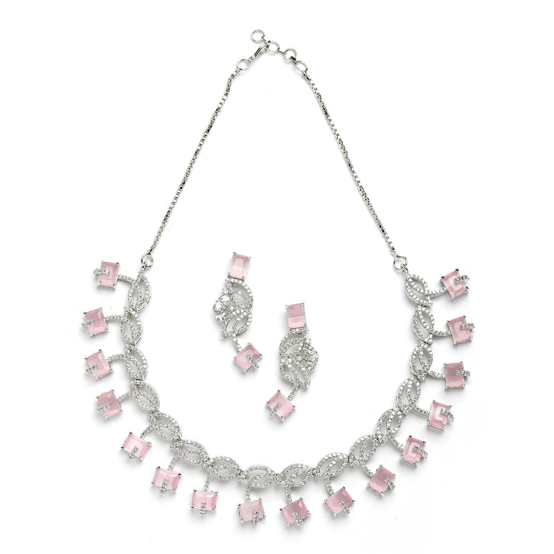 Rhodium-Plated with Silver-Toned Leaf Design Pink and White American Diamond Studded Jewellery Set