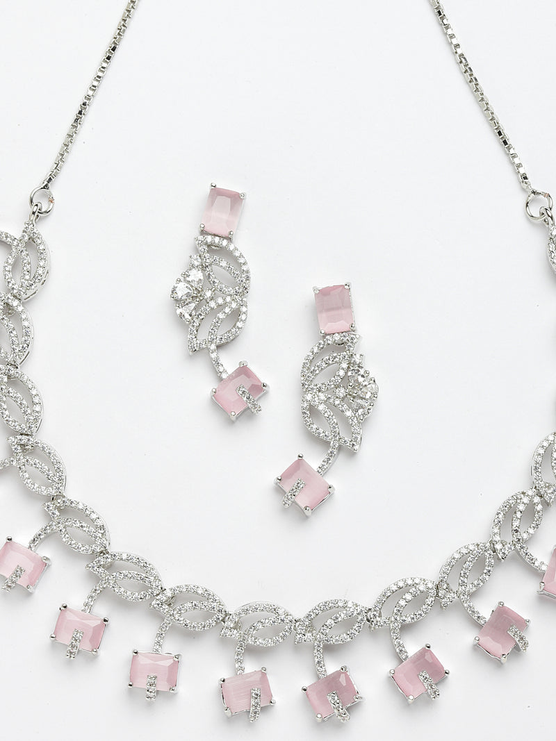 Rhodium-Plated with Silver-Toned Leaf Design Pink and White American Diamond Studded Jewellery Set