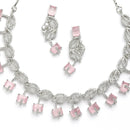 Rhodium-Plated with Silver-Toned Leaf Design Pink and White American Diamond Studded Jewellery Set