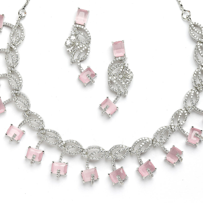 Rhodium-Plated with Silver-Toned Leaf Design Pink and White American Diamond Studded Jewellery Set