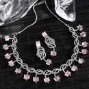 Rhodium-Plated with Silver-Toned Leaf Design Pink and White American Diamond Studded Jewellery Set