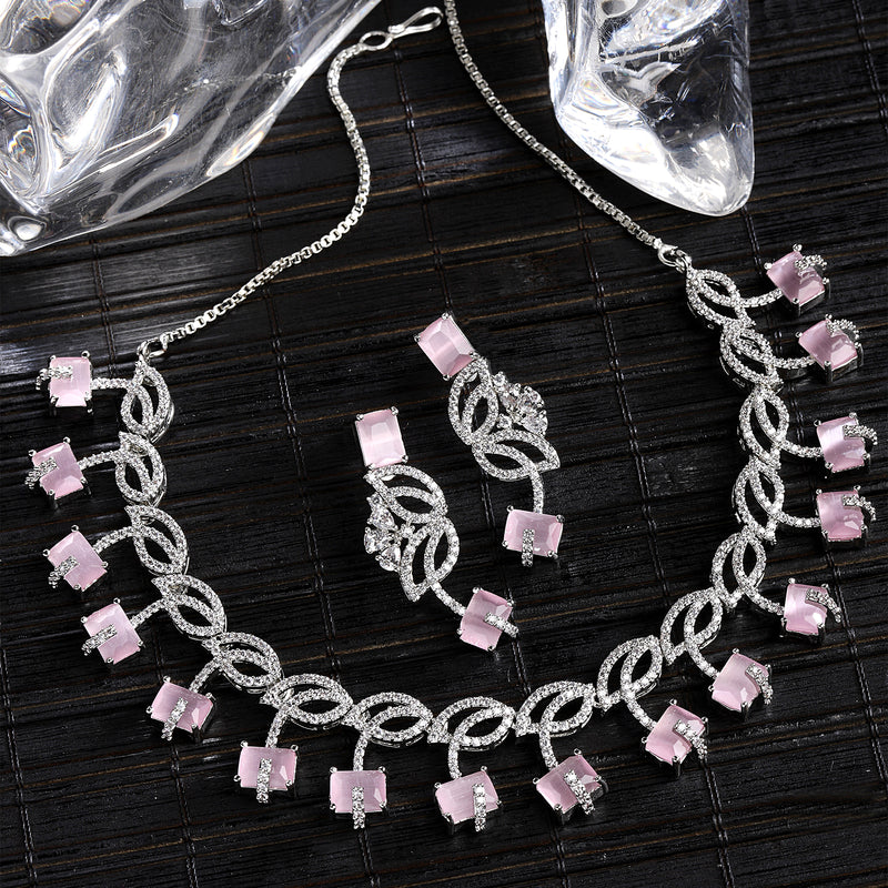 Rhodium-Plated with Silver-Toned Leaf Design Pink and White American Diamond Studded Jewellery Set