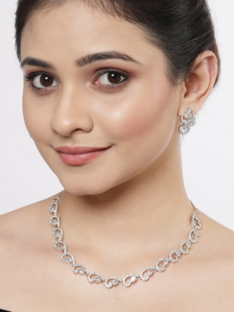 Rhodium-Plated with Silver-Toned White Cubic Zirconia & American Diamond studded Necklace and Drop Earrings Jewellery Set