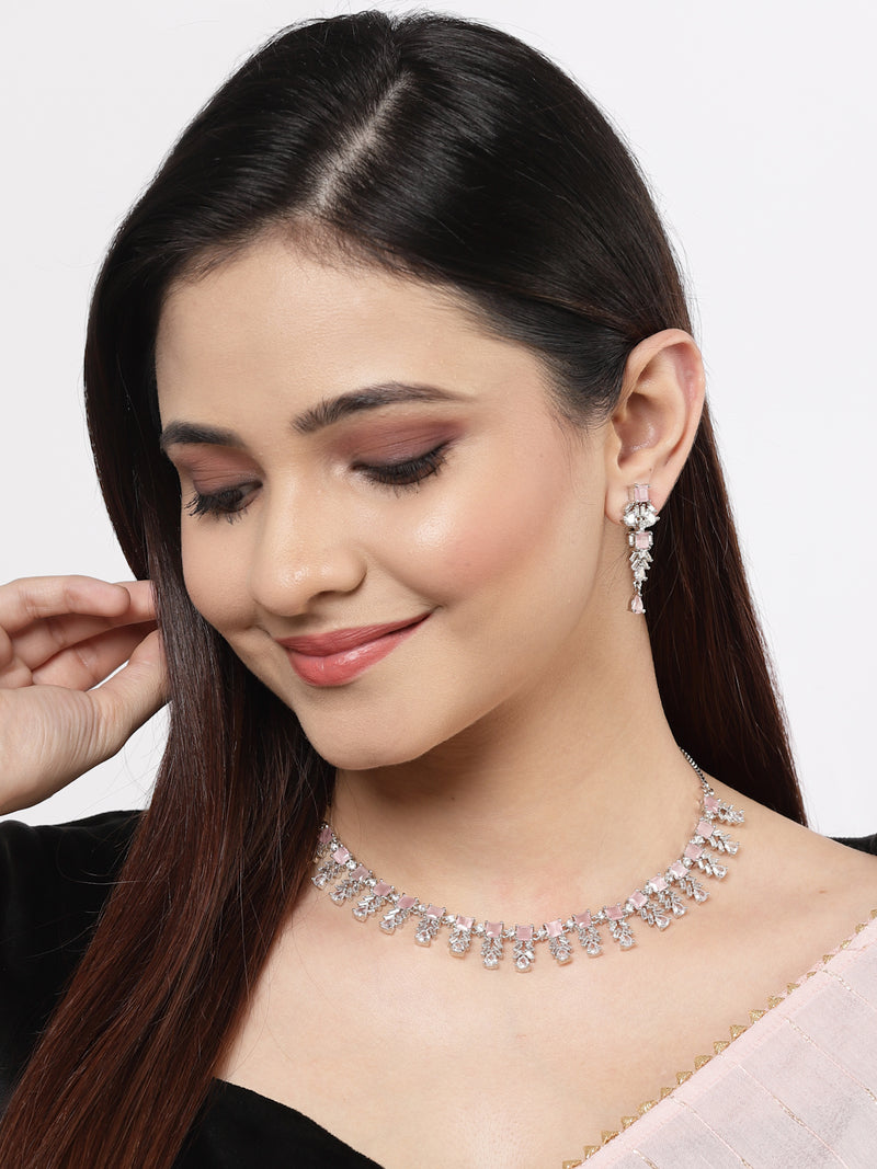 Rhodium-Plated with Silver-Toned Leaf Design Pink and White American Diamond Studded Jewellery Set
