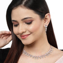 Rhodium-Plated with Silver-Toned Leaf Design Pink and White American Diamond Studded Jewellery Set