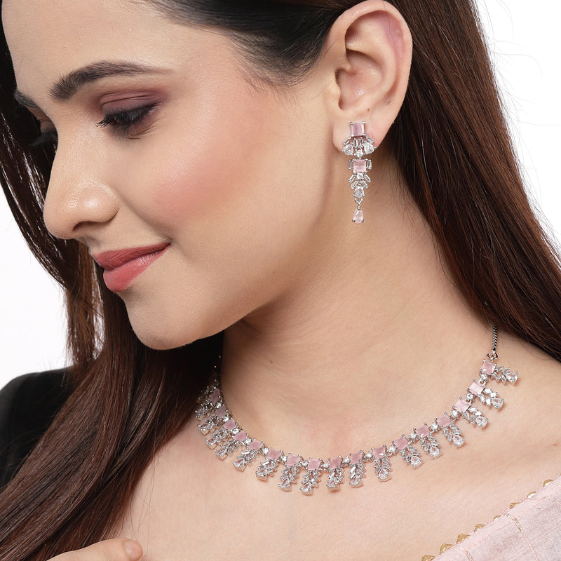Rhodium-Plated with Silver-Toned Leaf Design Pink and White American Diamond Studded Jewellery Set
