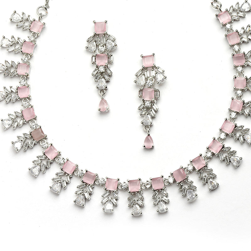 Rhodium-Plated with Silver-Toned Leaf Design Pink and White American Diamond Studded Jewellery Set
