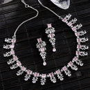 Rhodium-Plated with Silver-Toned Leaf Design Pink and White American Diamond Studded Jewellery Set