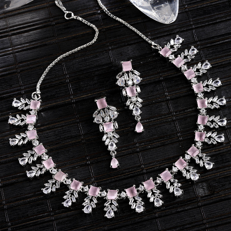 Rhodium-Plated with Silver-Toned Leaf Design Pink and White American Diamond Studded Jewellery Set
