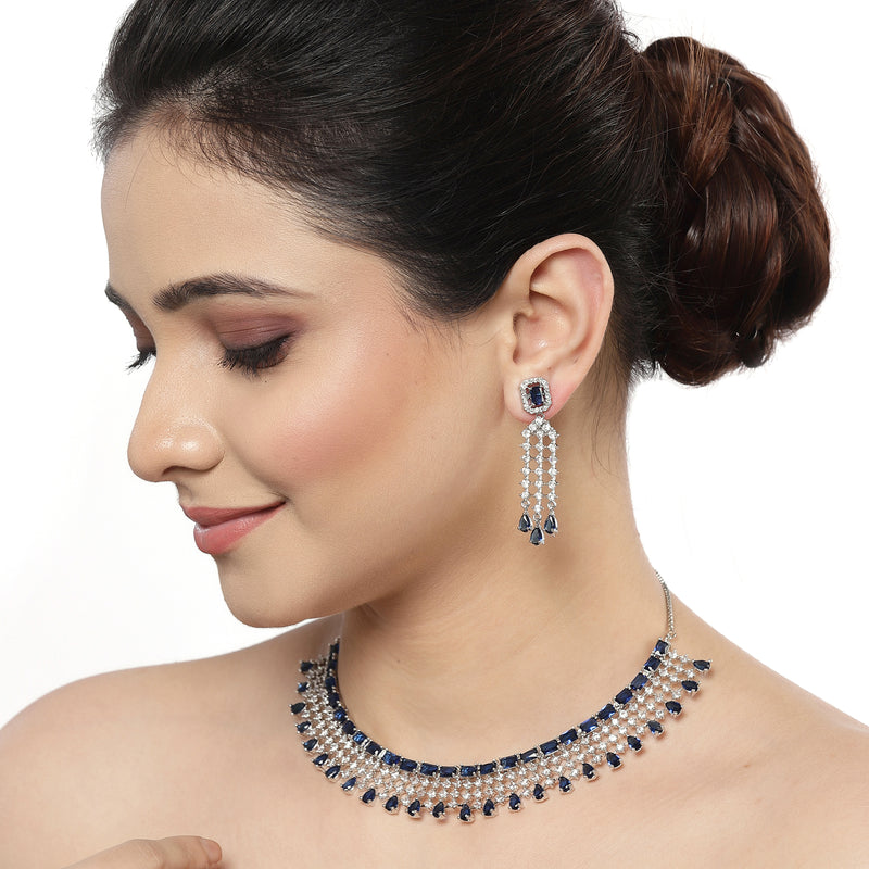 Rhodium-Plated with Silver-Toned Navy Blue American Diamond Studded Jewellery Set