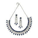 Rhodium-Plated with Silver-Toned Navy Blue American Diamond Studded Jewellery Set