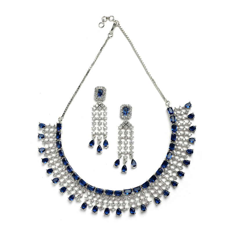 Rhodium-Plated with Silver-Toned Navy Blue American Diamond Studded Jewellery Set