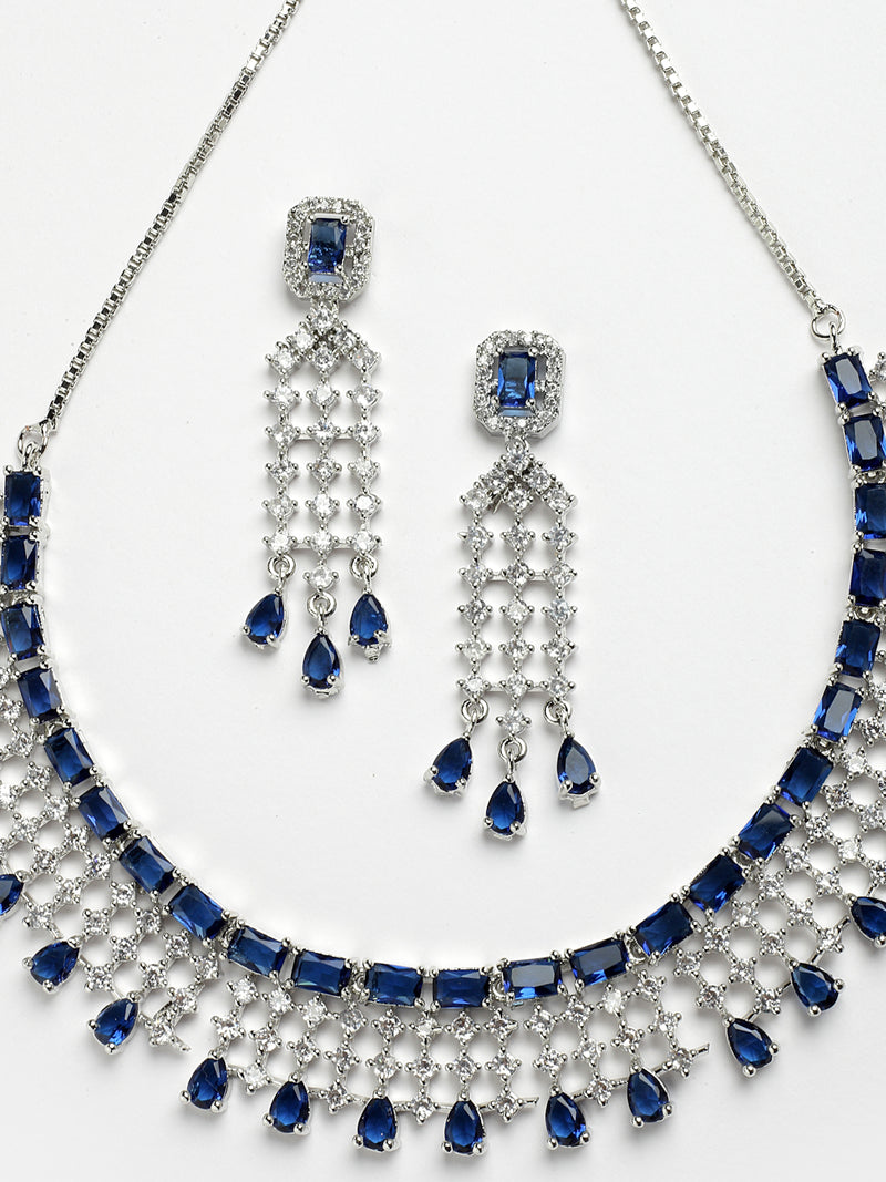 Rhodium-Plated with Silver-Toned Navy Blue American Diamond Studded Jewellery Set
