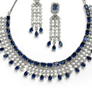 Rhodium-Plated with Silver-Toned Navy Blue American Diamond Studded Jewellery Set