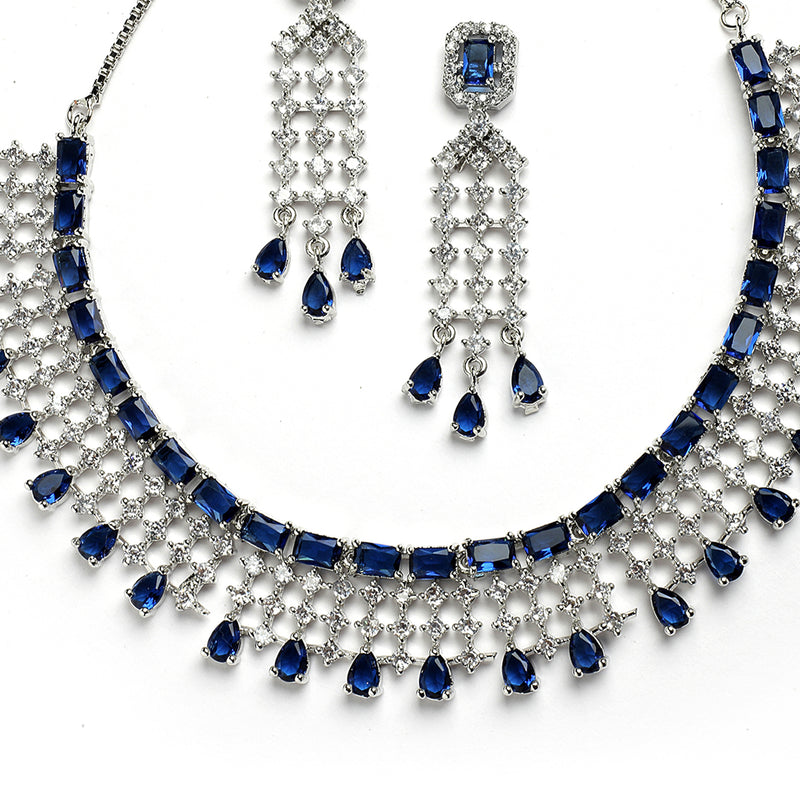 Rhodium-Plated with Silver-Toned Navy Blue American Diamond Studded Jewellery Set