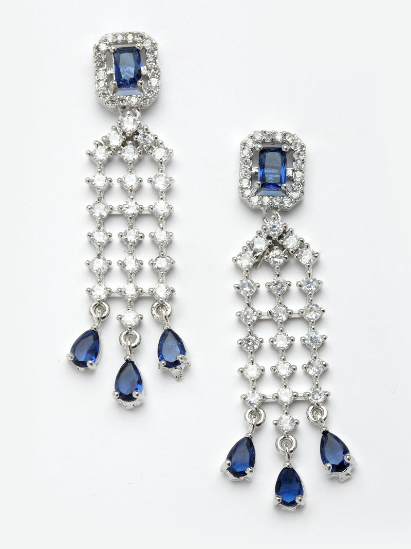 Rhodium-Plated with Silver-Toned Navy Blue American Diamond Studded Jewellery Set