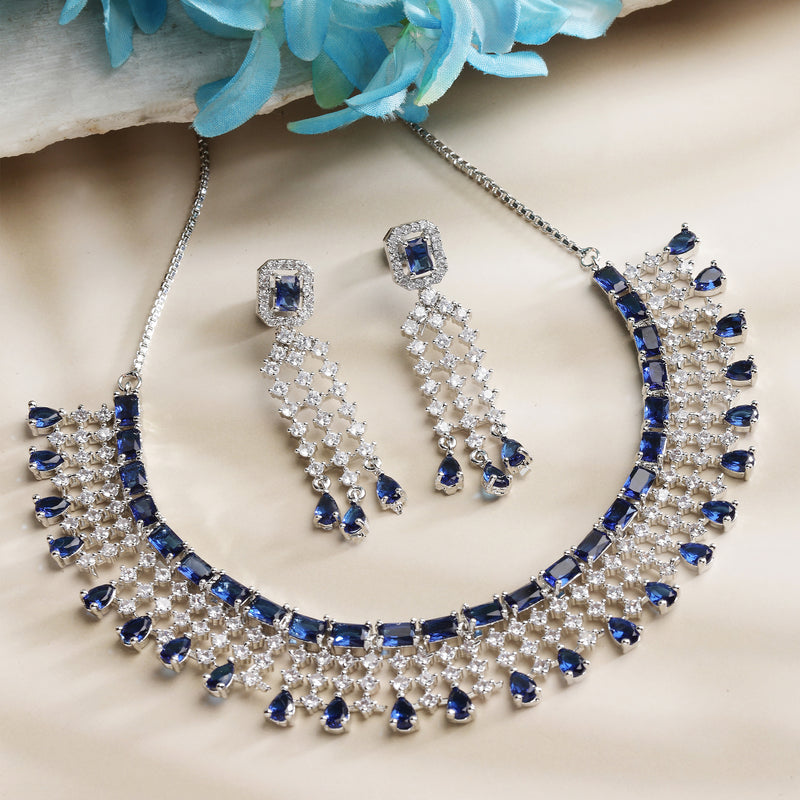 Rhodium-Plated with Silver-Toned Navy Blue American Diamond Studded Jewellery Set