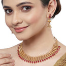 Gold-Plated Red Artificial Stones Studded and Beads Beaded Jewellery Set