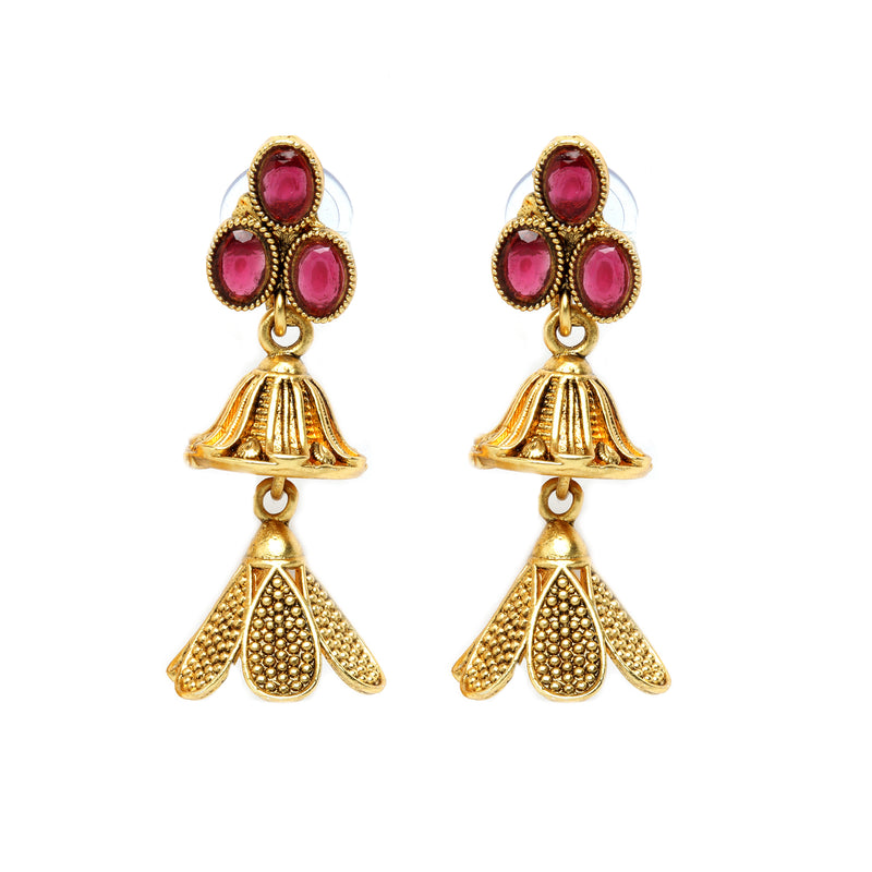 Gold-Plated Red Artificial Stones Studded and Beads Beaded Jewellery Set