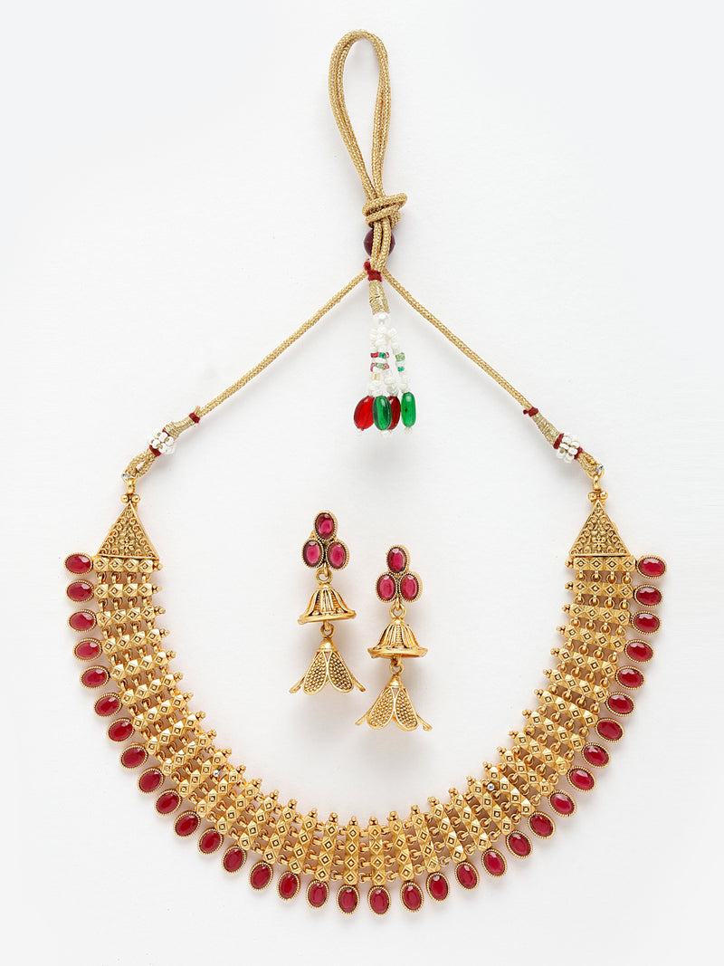 Gold-Plated Red Artificial Stones Studded and Beads Beaded Jewellery Set