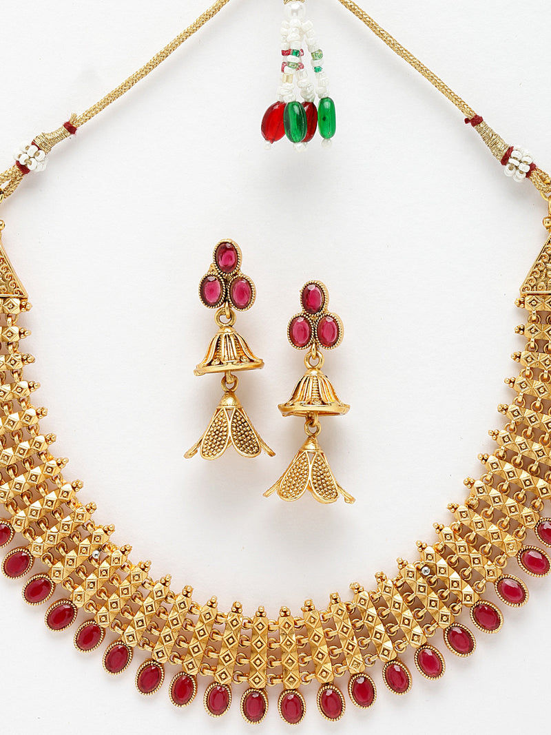 Gold-Plated Red Artificial Stones Studded and Beads Beaded Jewellery Set