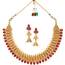 Gold-Plated Red Artificial Stones Studded and Beads Beaded Jewellery Set