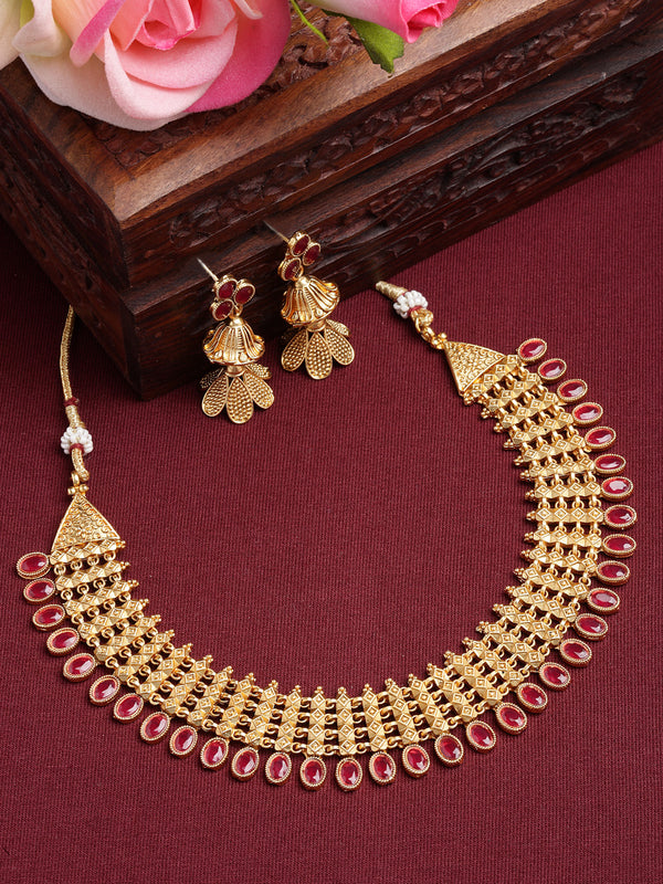 Gold-Plated Red Artificial Stones Studded and Beads Beaded Jewellery Set