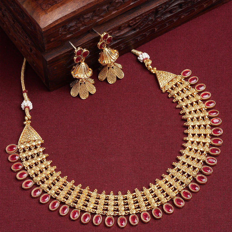 Gold-Plated Red Artificial Stones Studded and Beads Beaded Jewellery Set