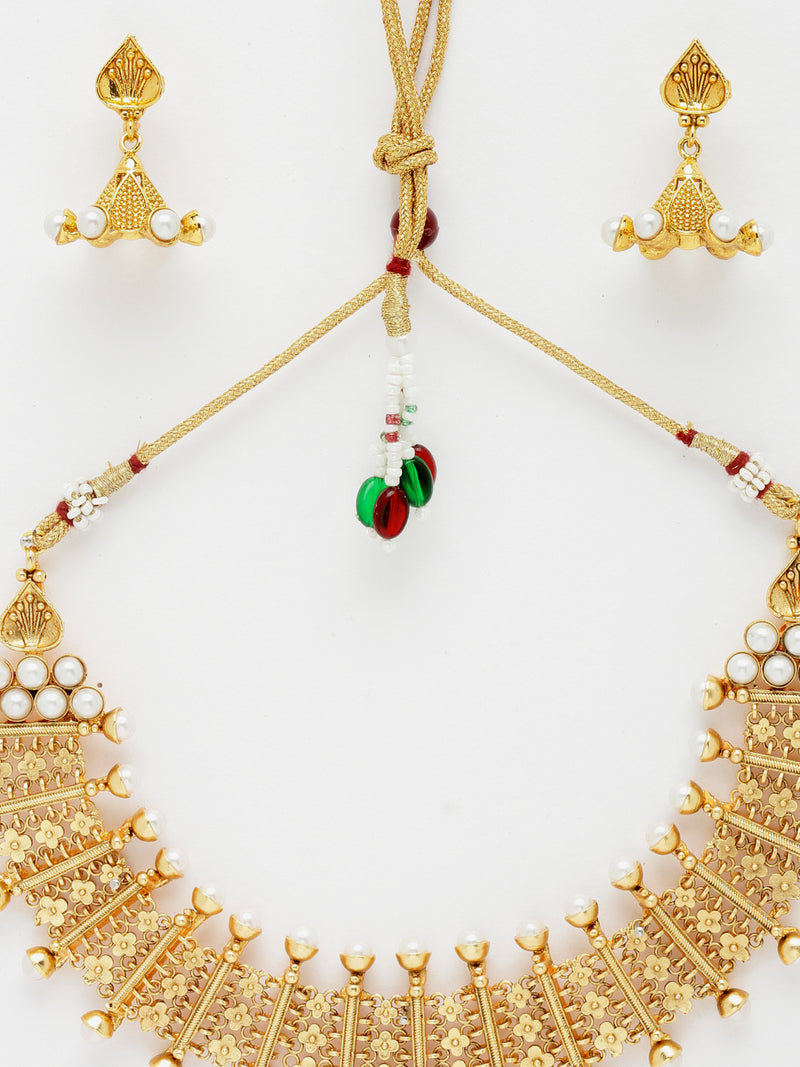 Gold-Plated White Pearls Studded and Beaded Jewellery Set