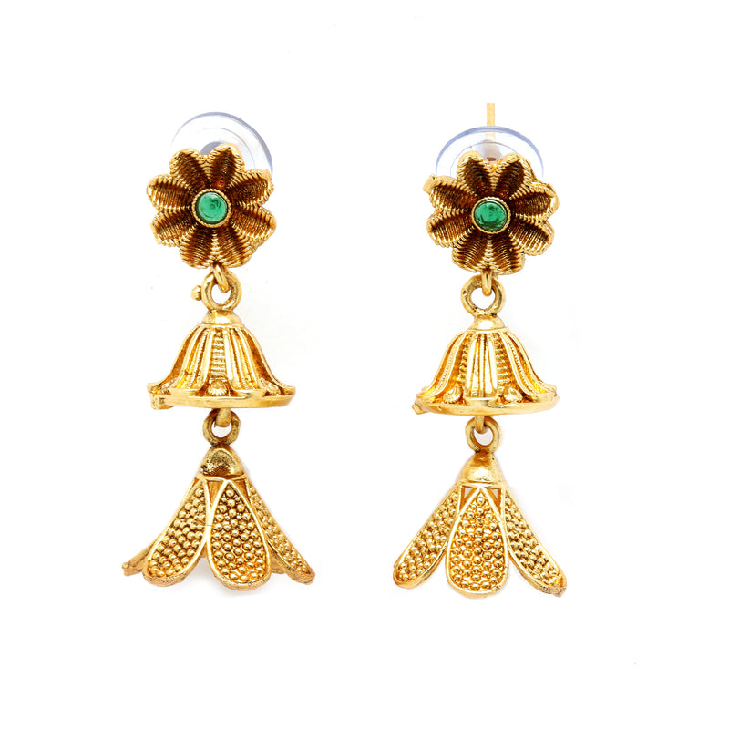 Gold-Plated Floral Design Green Artificial Stones Studded and Beads Beaded Jewellery Set