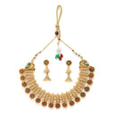 Gold-Plated Floral Design Green Artificial Stones Studded and Beads Beaded Jewellery Set