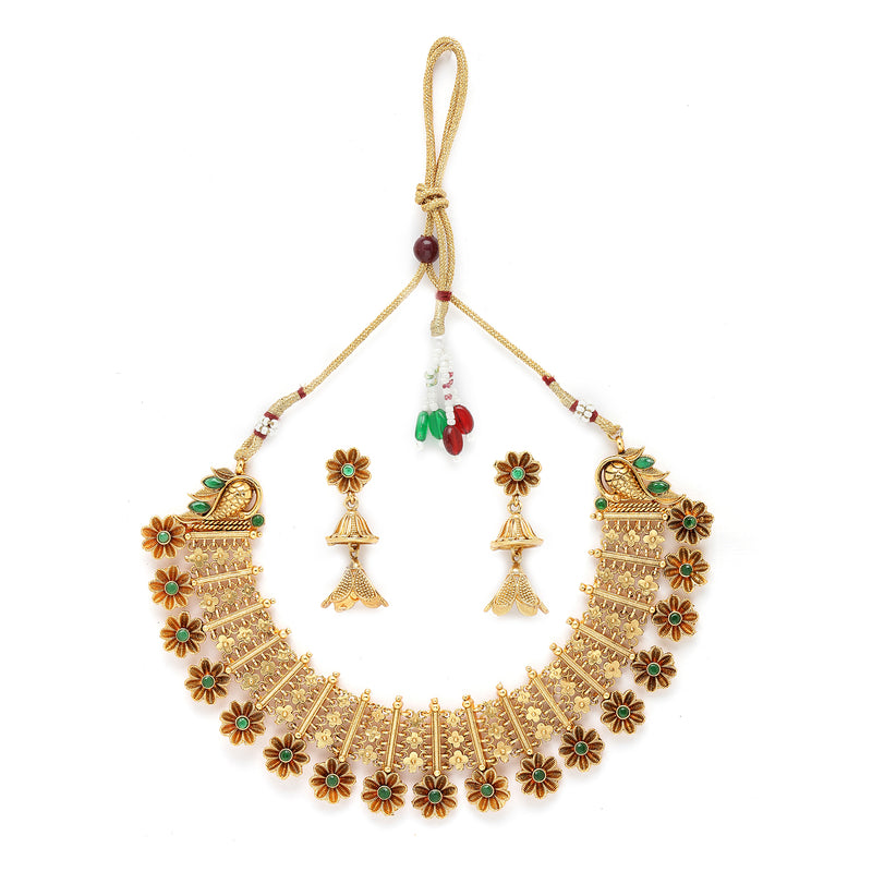 Gold-Plated Floral Design Green Artificial Stones Studded and Beads Beaded Jewellery Set