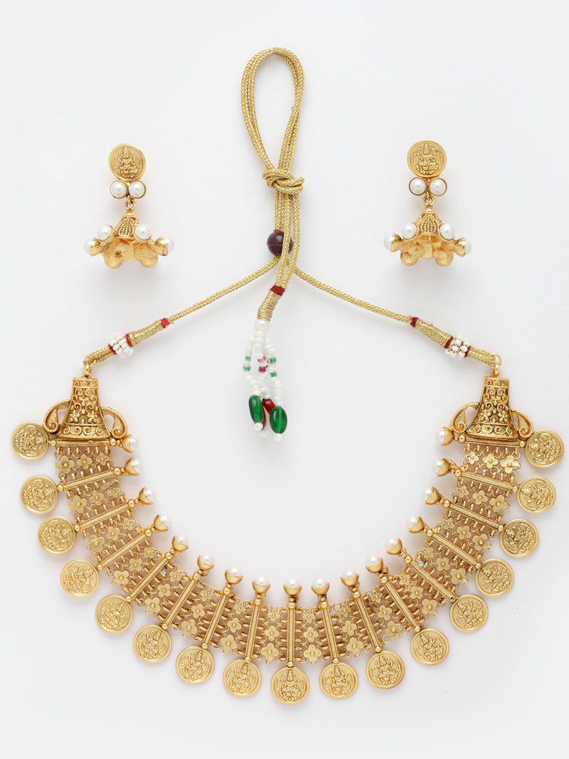 Gold-Plated Lakshmi Coin Necklace with White Pearls Studded and Beaded Jewellery Set