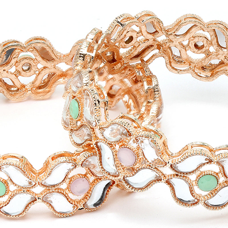 Rose Gold Plated Set Of 2  Traditional Kundan Studded Floral Design Bangle Set