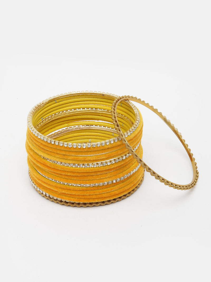 Gold-Plated Yellow Matte Finish Velvet White American Diamonds Studded Bangles Set Of 36