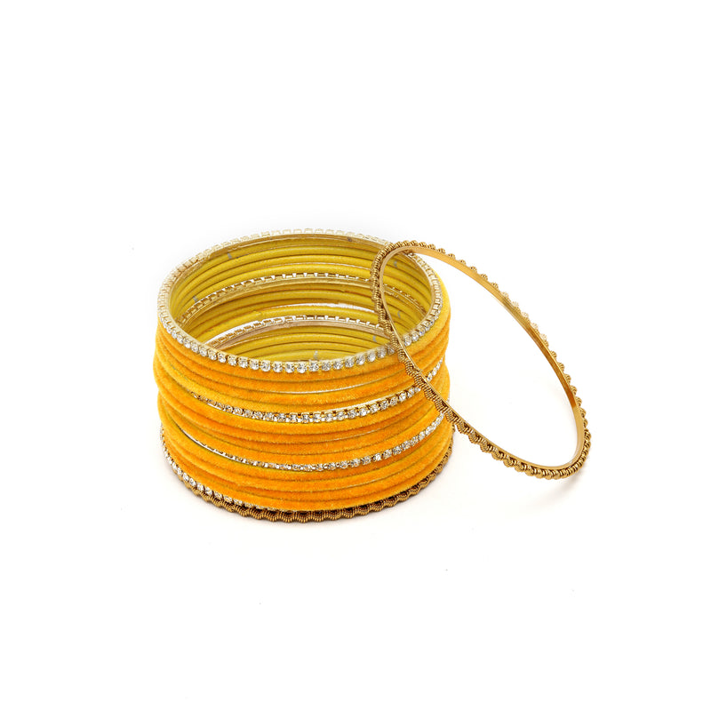 Gold-Plated Yellow Matte Finish Velvet White American Diamonds Studded Bangles Set Of 36